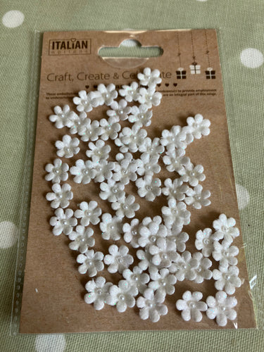 Mini white paper glitter flowers with pearl centre x60