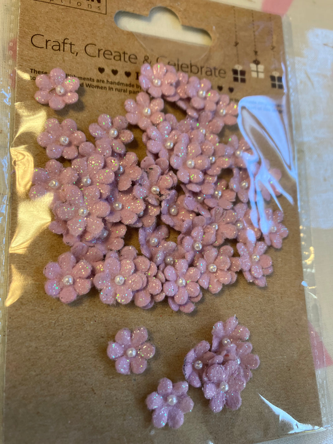 Mini pink paper glitter flowers with pearl centre x60